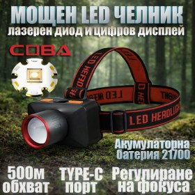 COBA мощен LED челник с лазерен диод, Zoom, 21700 батерия и цифров дисплей